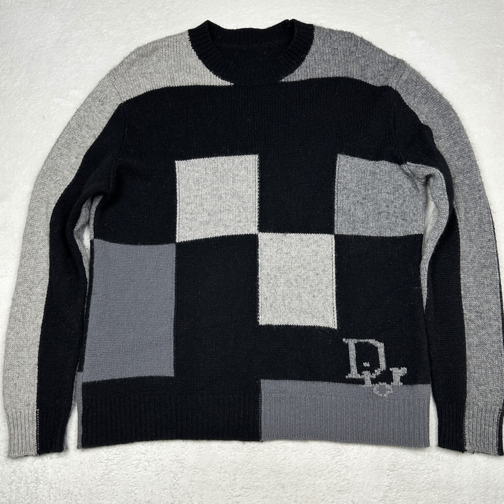 Christian Dior Cashmere Sweater Black Grey Patchwork Intarsia 844S94AM025 Size 6